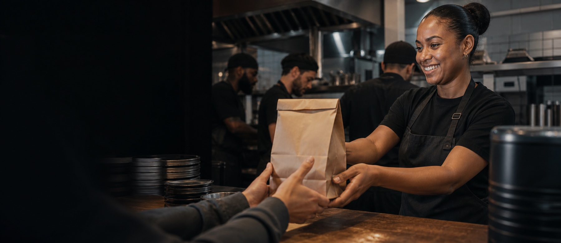 A quick-service team member handing a prepared takeaway order across the counter.