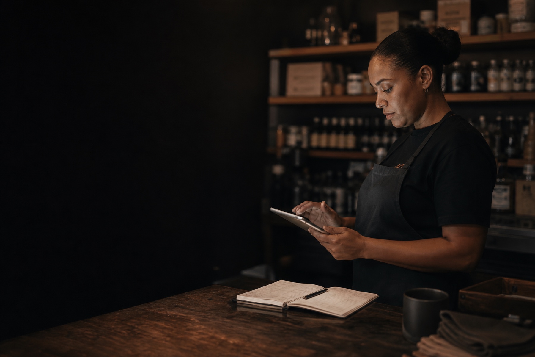 A business owner managing her schedule on a tablet beside an open planner.