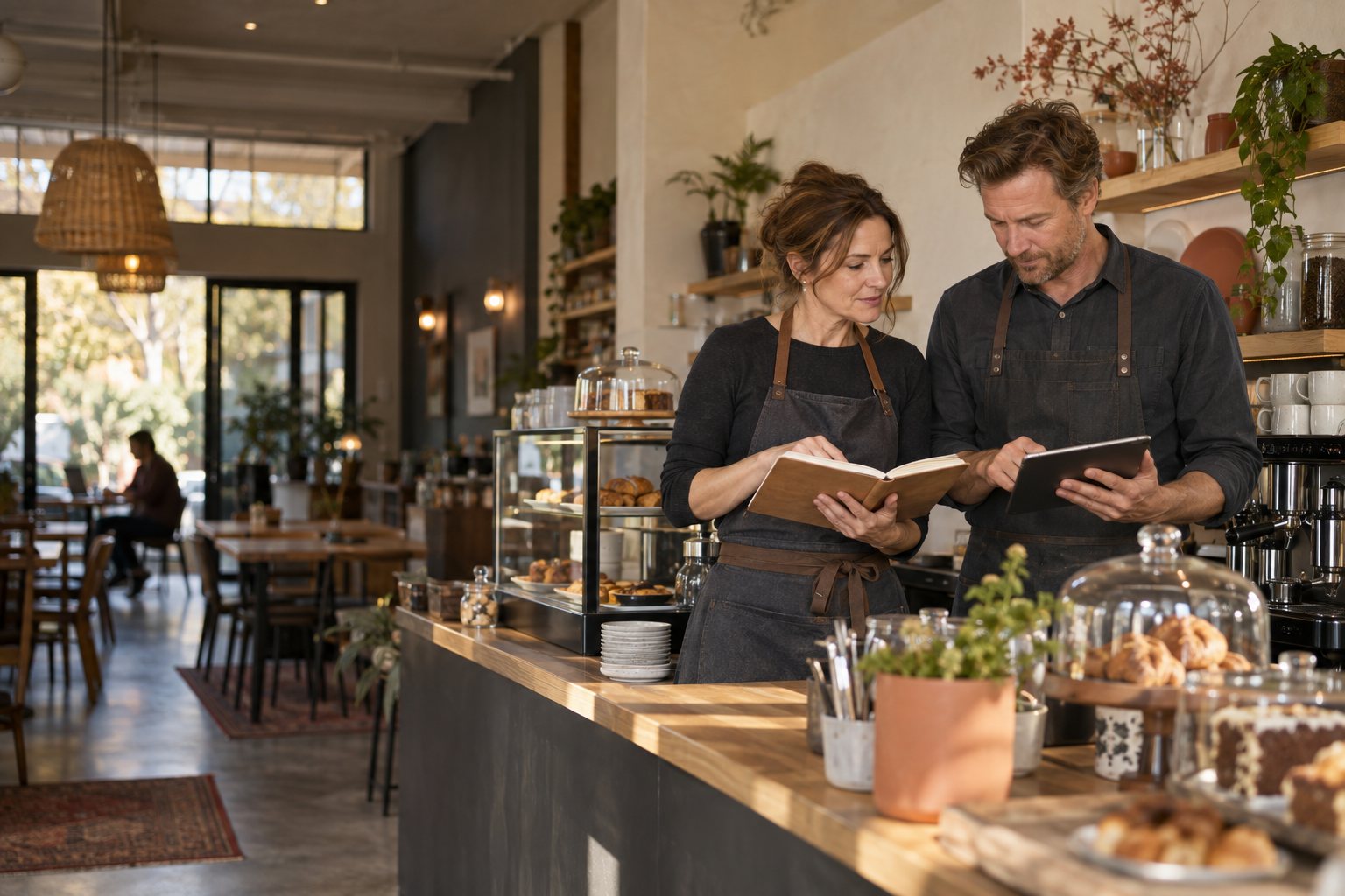 A small-business owner and advisor reviewing operating figures together at a counter.