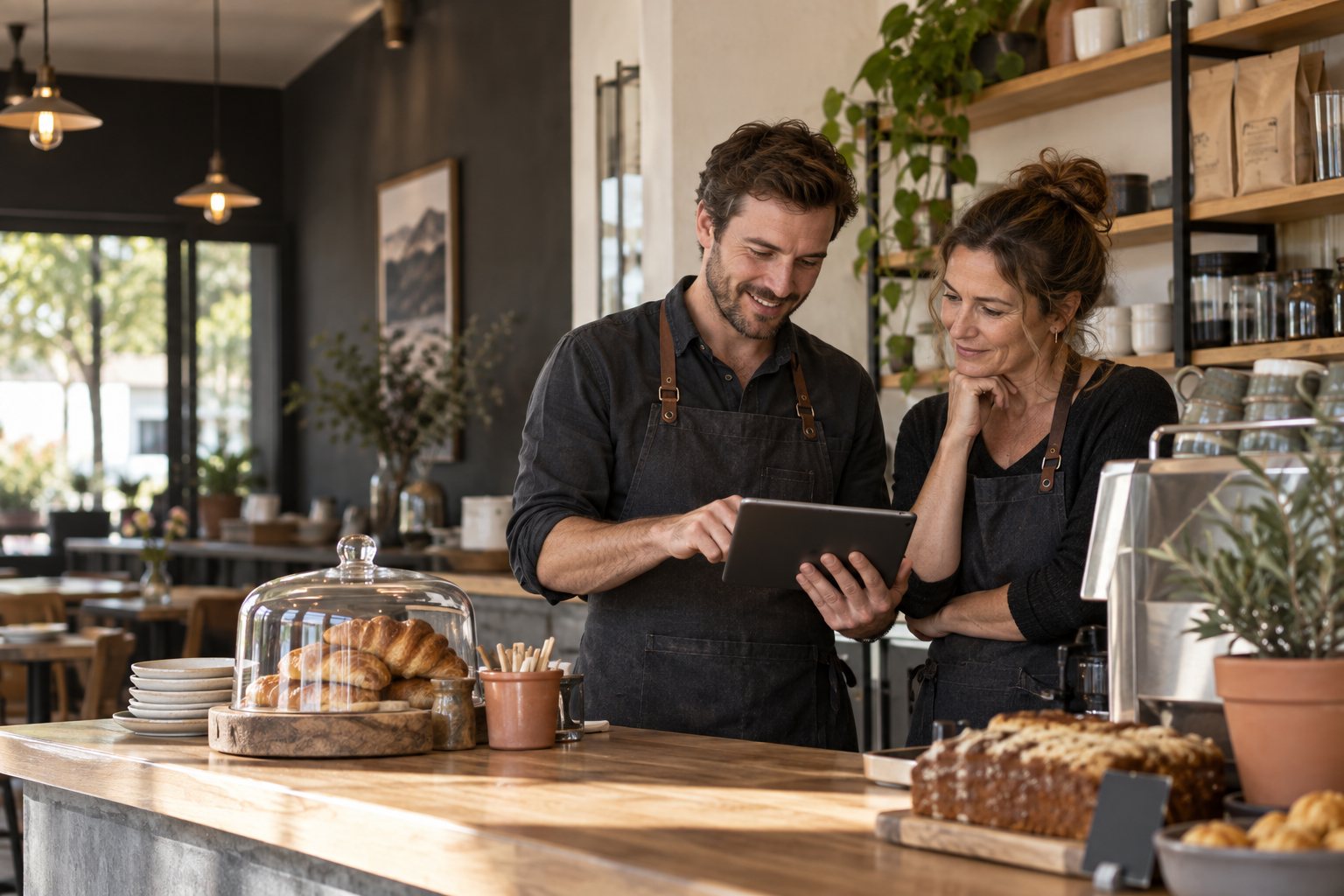 An independent business operator reviewing the day's work on a tablet at the counter.