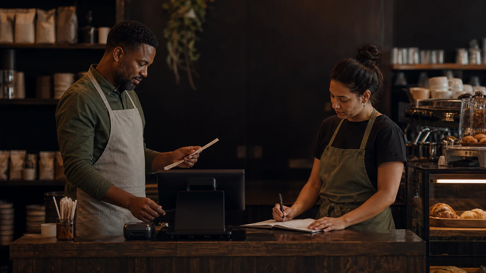 A café team completing closing tasks behind the counter.
