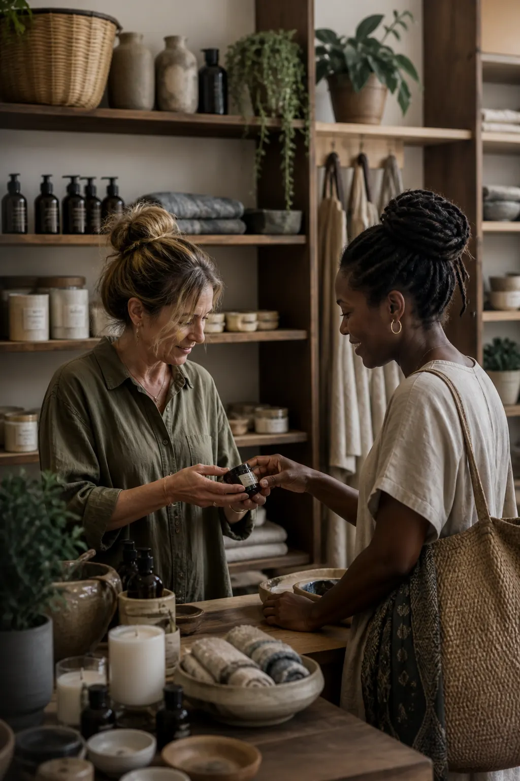 A boutique retailer helping a customer with a product.