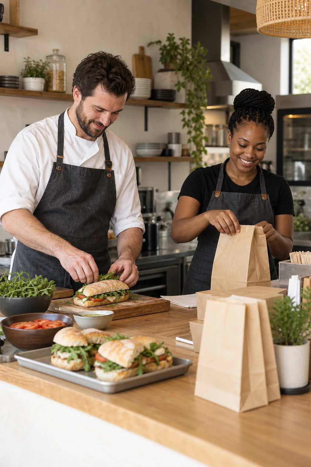 A counter-service team preparing takeaway sandwiches.