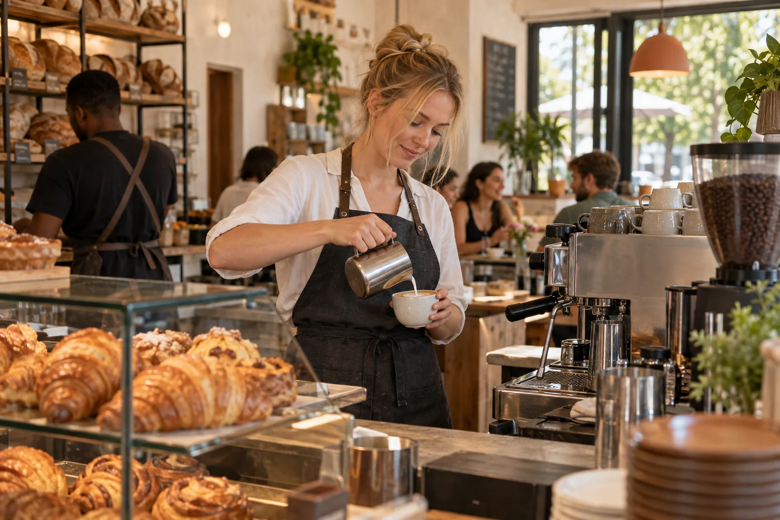 A barista preparing coffee beside a display of fresh pastries.