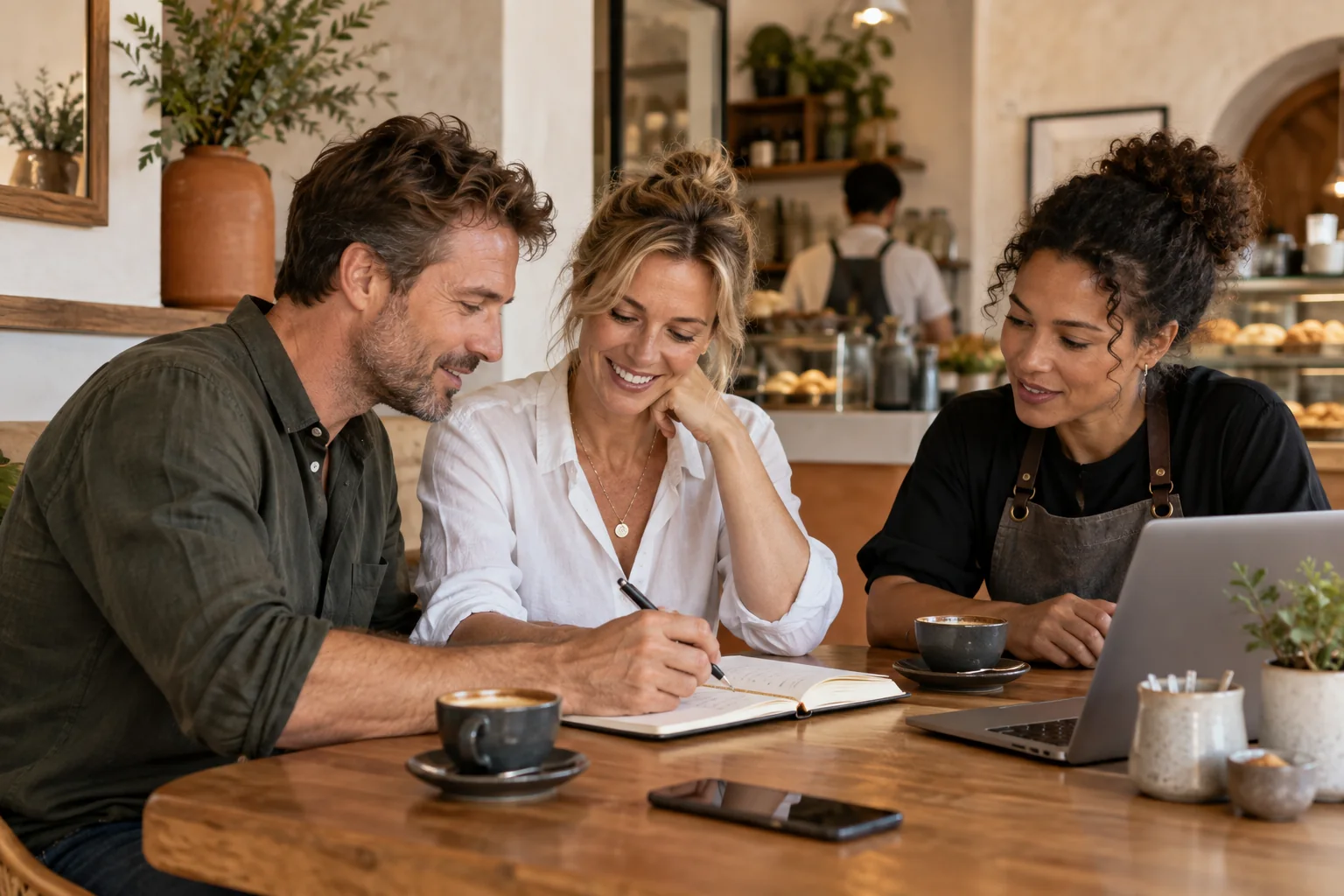 Independent business owners planning together at a café table.