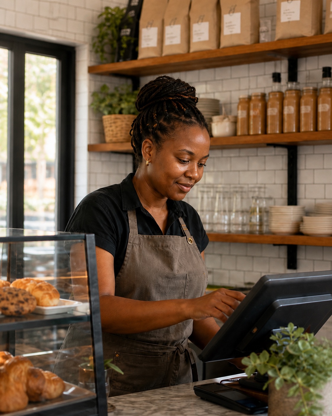 A café operator using a point-of-sale terminal behind the counter.