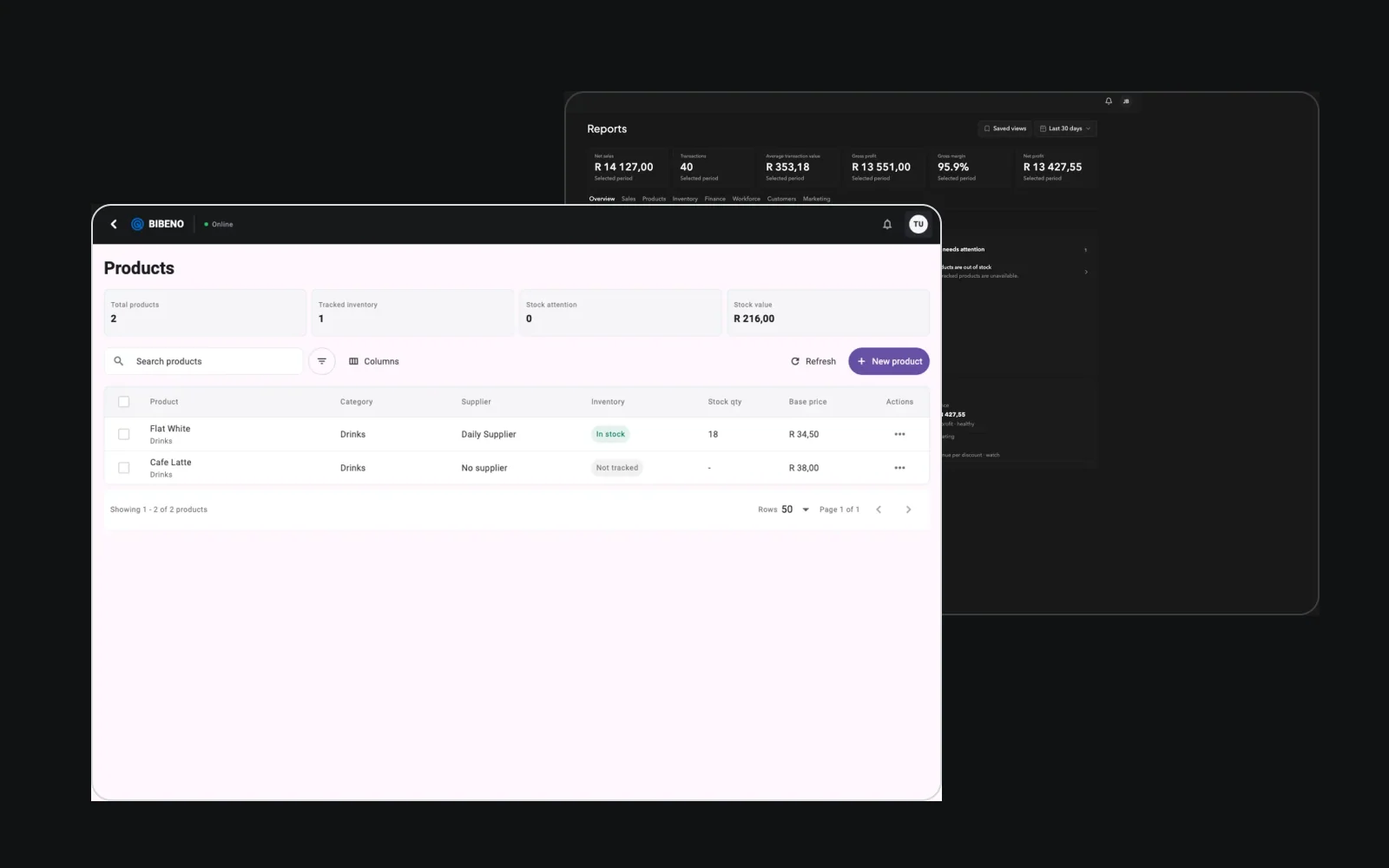 Bibeno product and reporting interfaces.