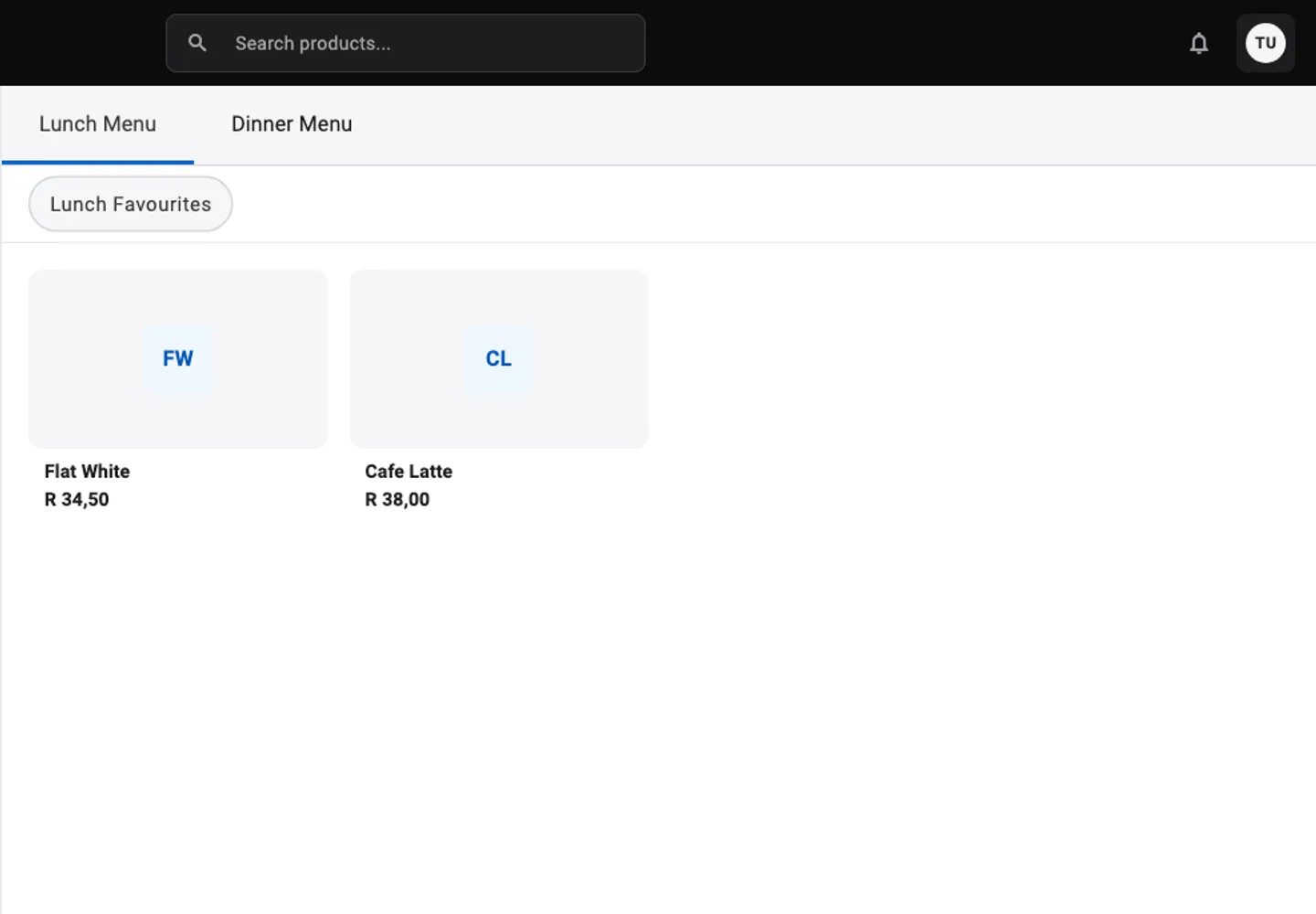 Bibeno point-of-sale product selection interface.