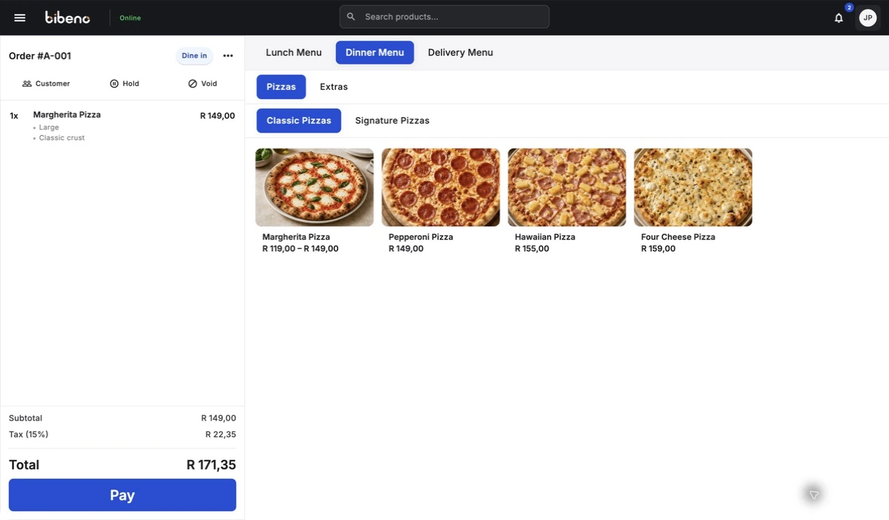 Bibeno point of sale showing a pizza order with sizes, item prices and the order total.