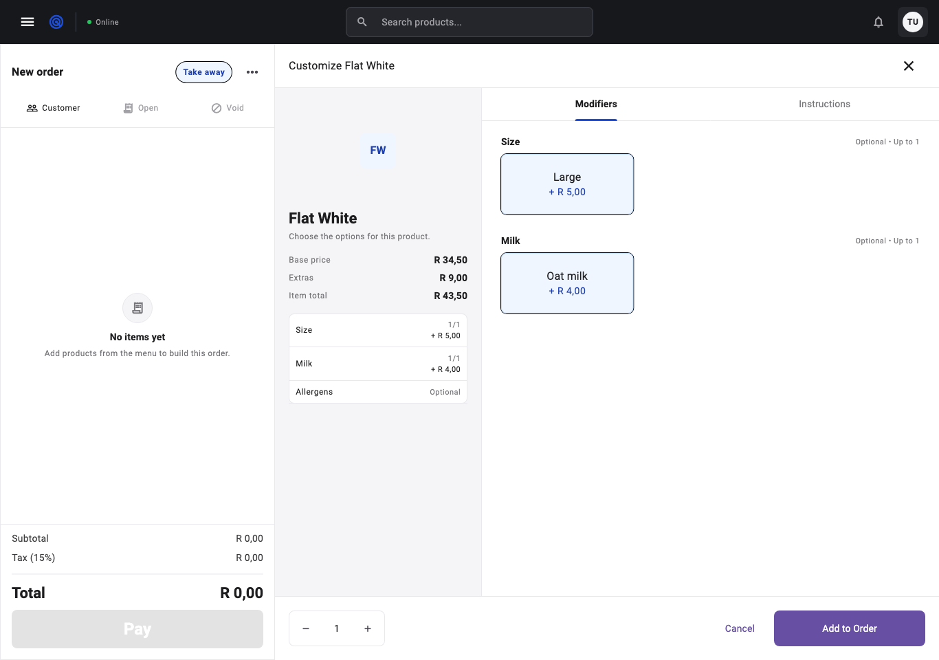 Bibeno point of sale showing a Flat White order with modifier choices.