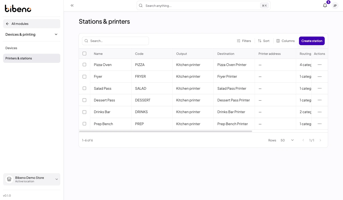Bibeno preparation stations showing the pizza oven, fryer, drinks bar and printer destinations.
