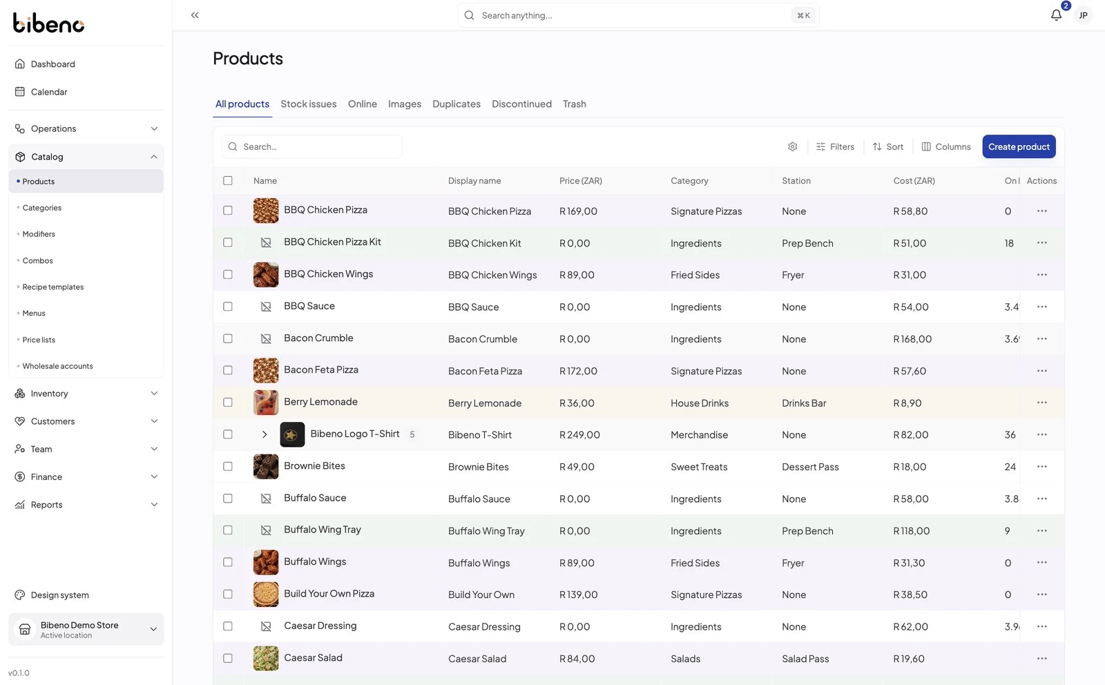 Bibeno product catalog interface.