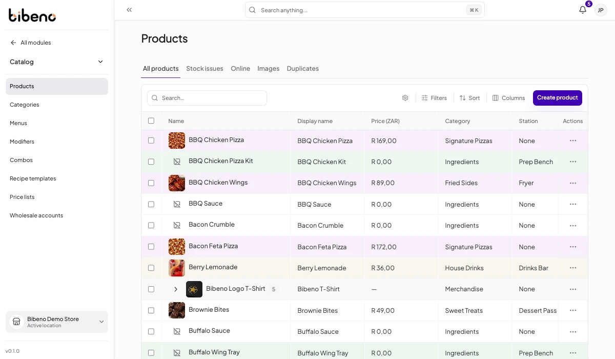 Bibeno product catalog interface.