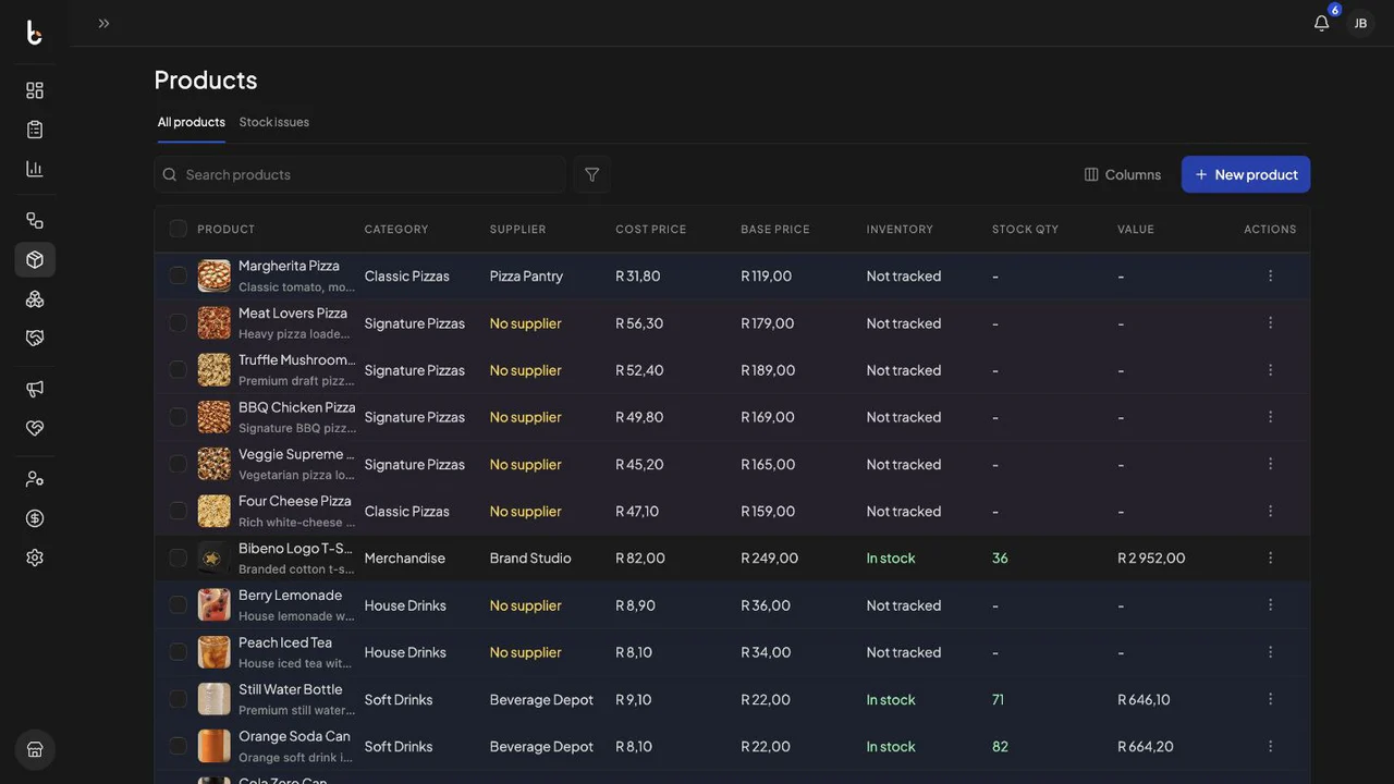 Bibeno product catalog interface.