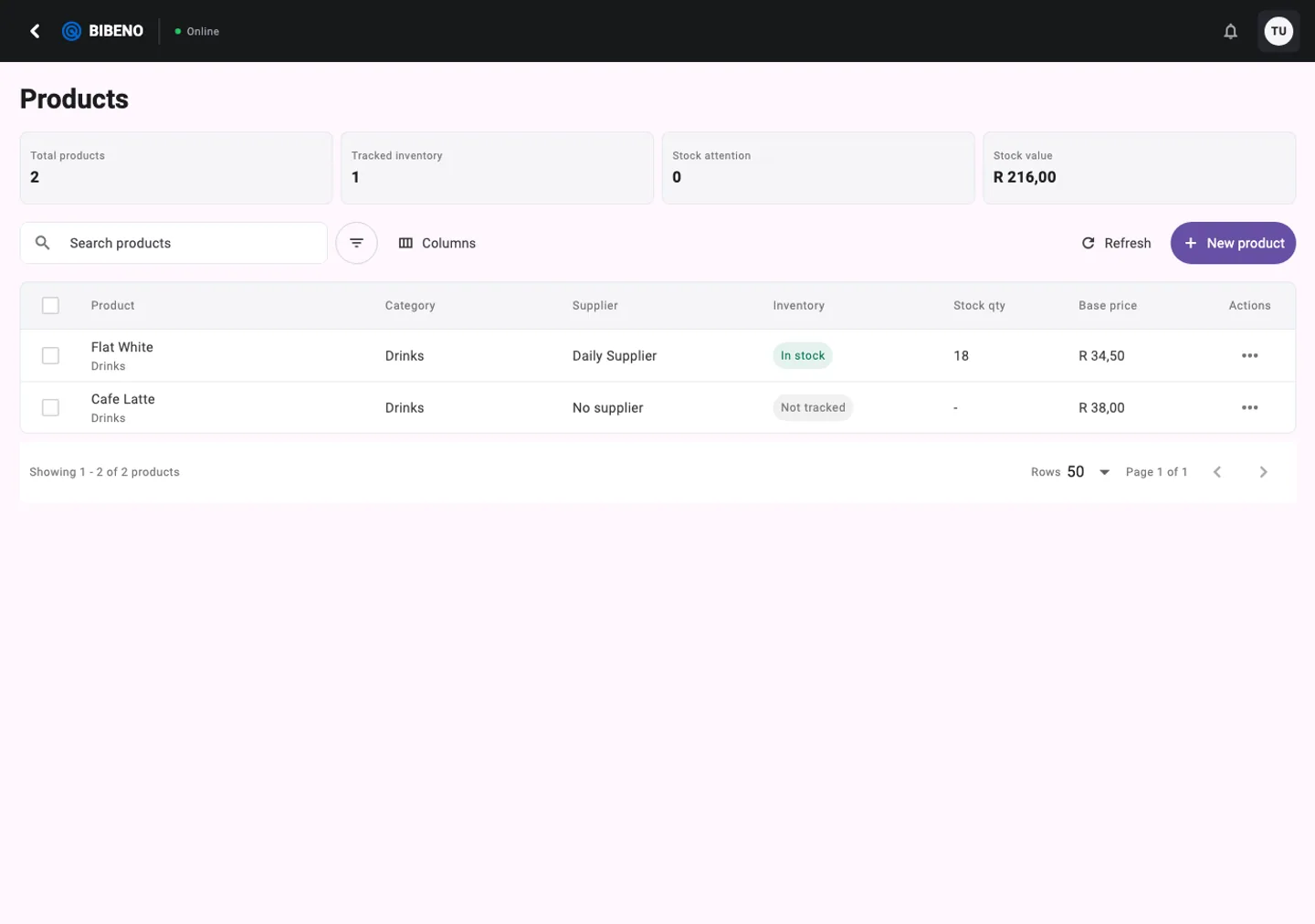 Bibeno product catalog showing products, stock status and pricing.