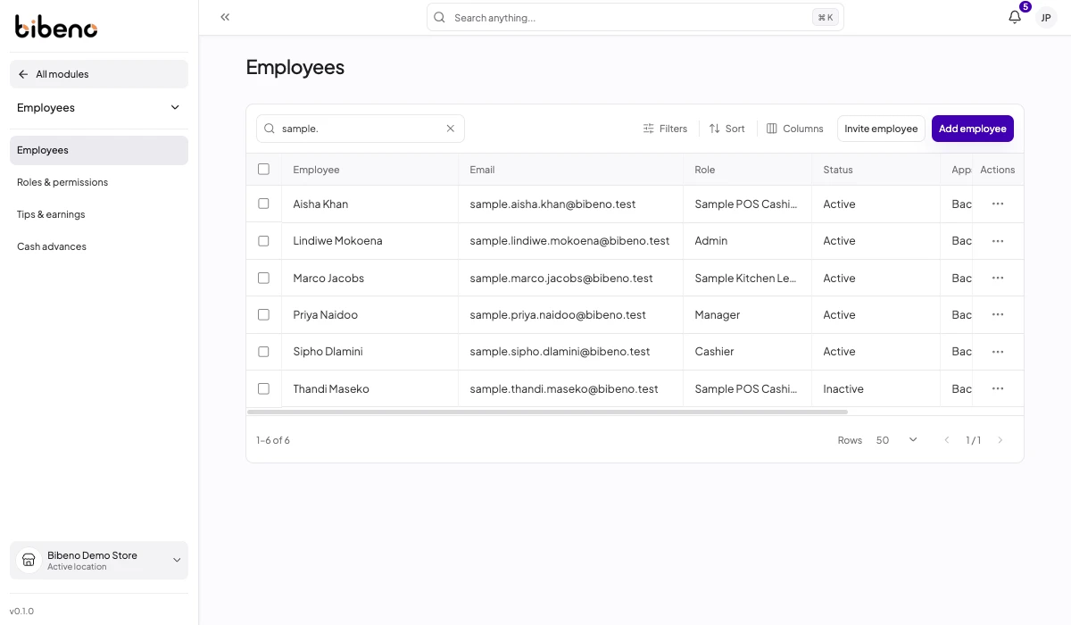 Bibeno employee directory showing sample employees, roles and account status.