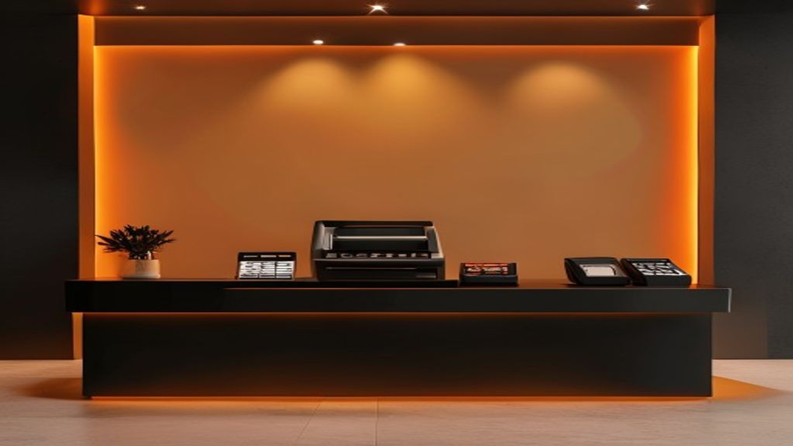 Modern checkout counter with point-of-sale hardware.