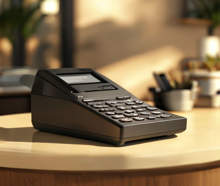Counter register point-of-sale hardware on a cafe counter.