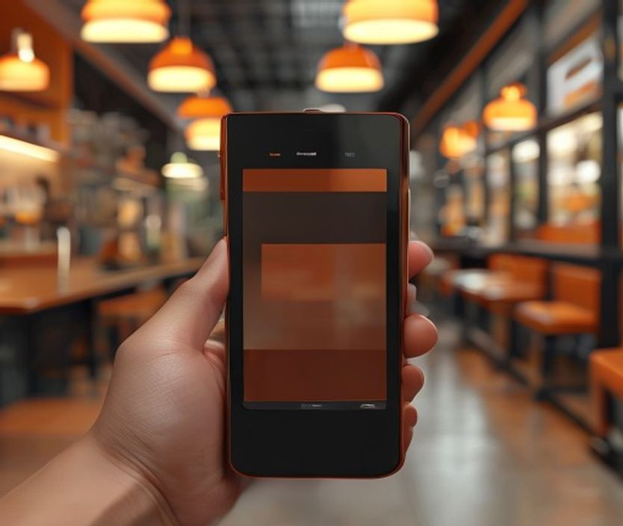 Handheld point-of-sale device in a restaurant setting.