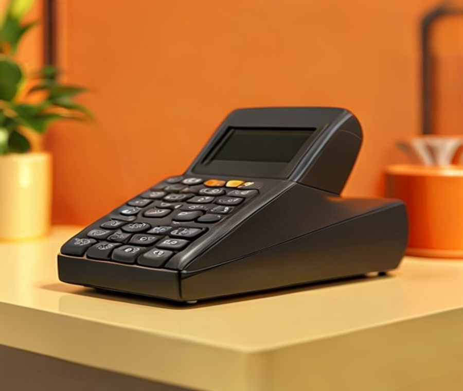 Compact payment terminal on a checkout counter.