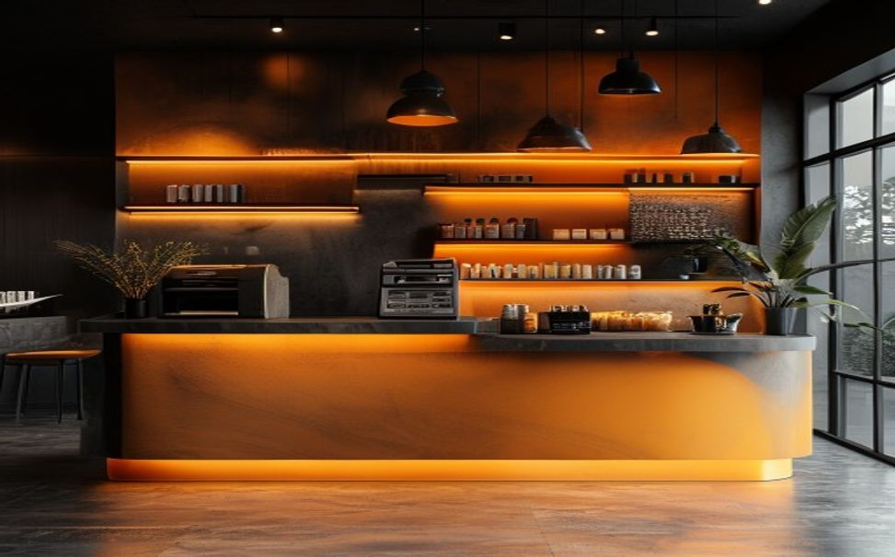 A warm checkout counter with point-of-sale hardware.