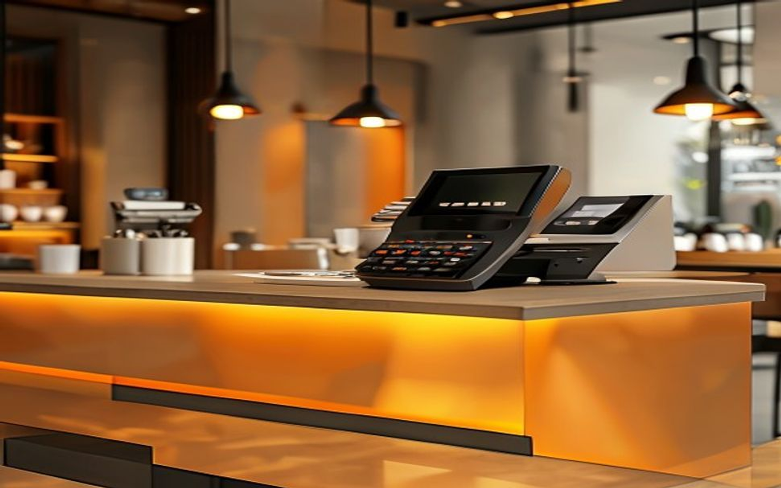 Point-of-sale terminal and card reader on a cafe counter.